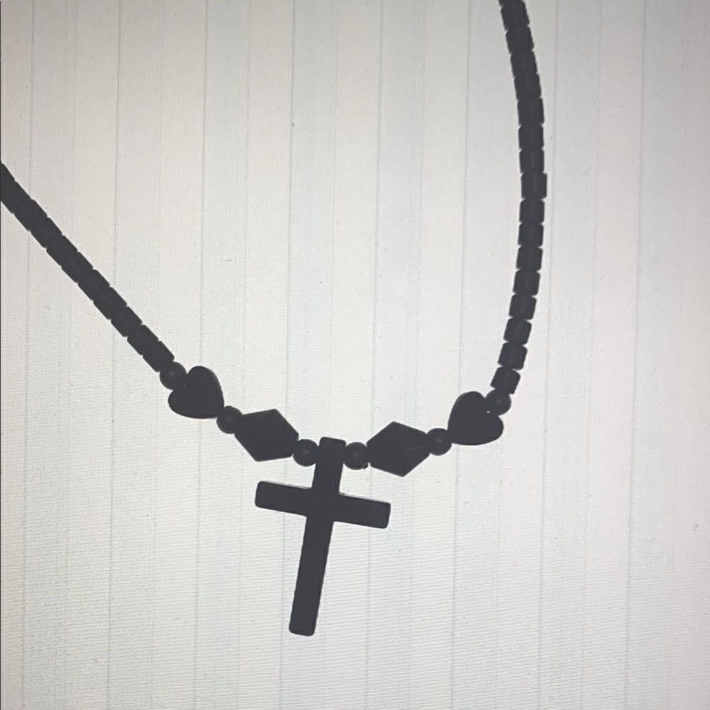Lovely Vintage Cross Pendant Beaded Hematite Necklace, Unmarked